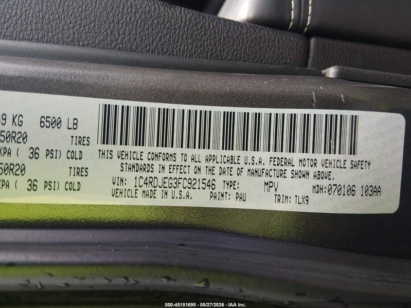 2015 Dodge Durango VIN 1C4RDJEG3FC921546 IAAI salvage auction — SIDE, Salvage Title, sold $2,850 on 2026-07-25 (photo 9)