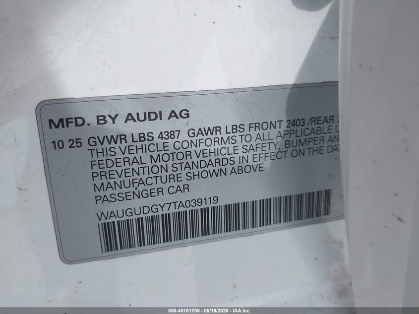 2026 Audi A3 VIN WAUGUDGY7TA039119 IAAI salvage auction — FRONT END, Original (Texas), sold $11,100 on 2026-07-29 (photo 9)