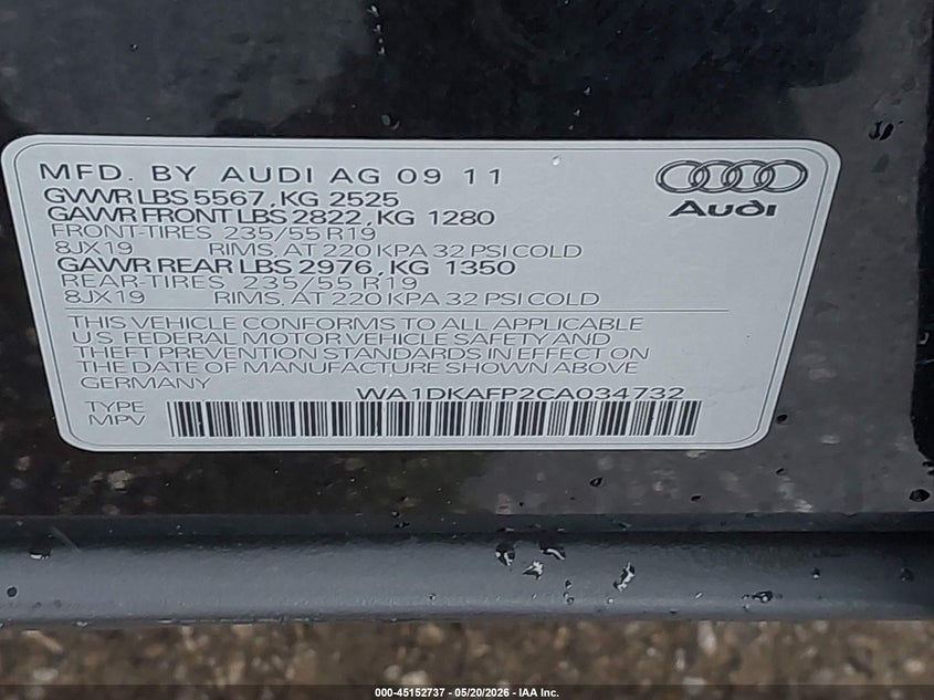 2012 Audi Q5 VIN WA1DKAFP2CA034732 IAAI salvage auction — FRONT END, Clear (Indiana), sold $25 on 2026-07-16 (photo 9)