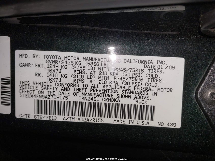 2010 Toyota Tacoma VIN 5TEUX4EN9AZ708175 IAAI salvage auction — EXTERIOR BURN, Salvage (Maine), sold $2,600 on 2026-07-20 (photo 9)