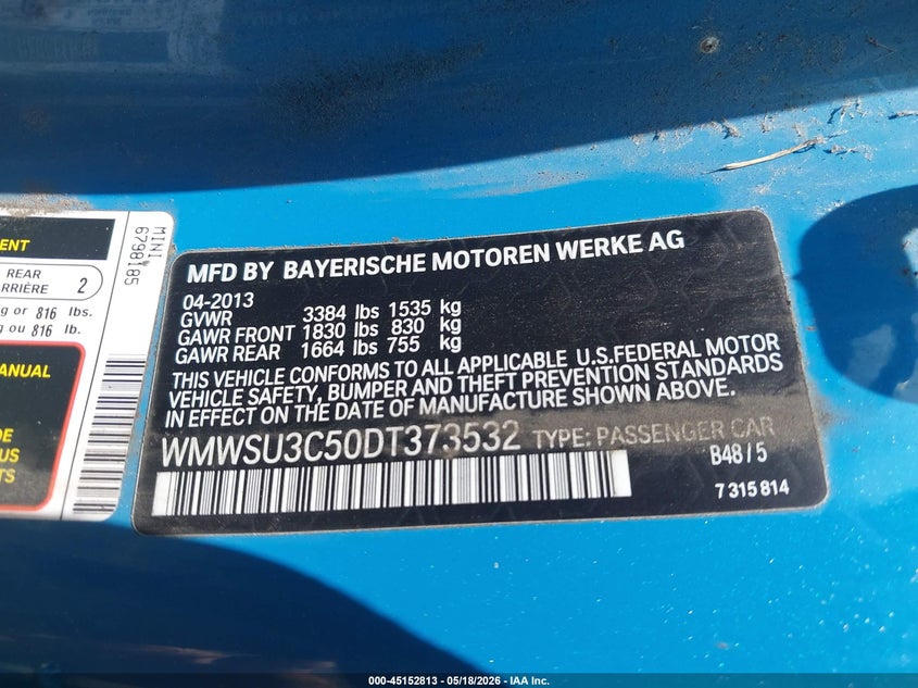 2013 Mini Hard top VIN WMWSU3C50DT373532 IAAI salvage auction — NORMAL WEAR, Clear (Montana), sold $525 on 2026-07-23 (photo 9)