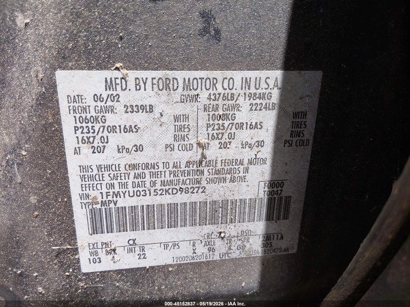 2002 Ford Escape VIN 1FMYU03152KD98272 IAAI salvage auction — NORMAL WEAR, Bill Of Sale (Georgia), sold $275 on 2026-07-09 (photo 9)