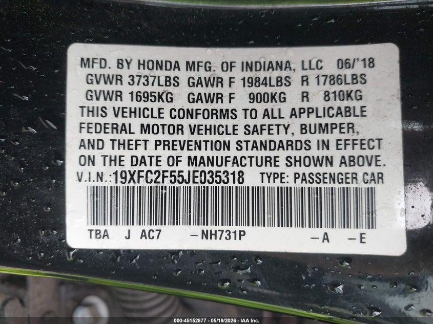 2018 Honda Civic VIN 19XFC2F55JE035318 IAAI salvage auction — HAIL, Salvage (Missouri), sold $4,075 on 2026-07-25 (photo 9)