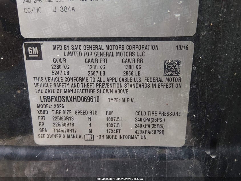 2017 Buick Envision VIN LRBFXDSAXHD069610 IAAI salvage auction — REAR END, Salvage (Kentucky), sold $625 on 2026-07-21 (photo 9)