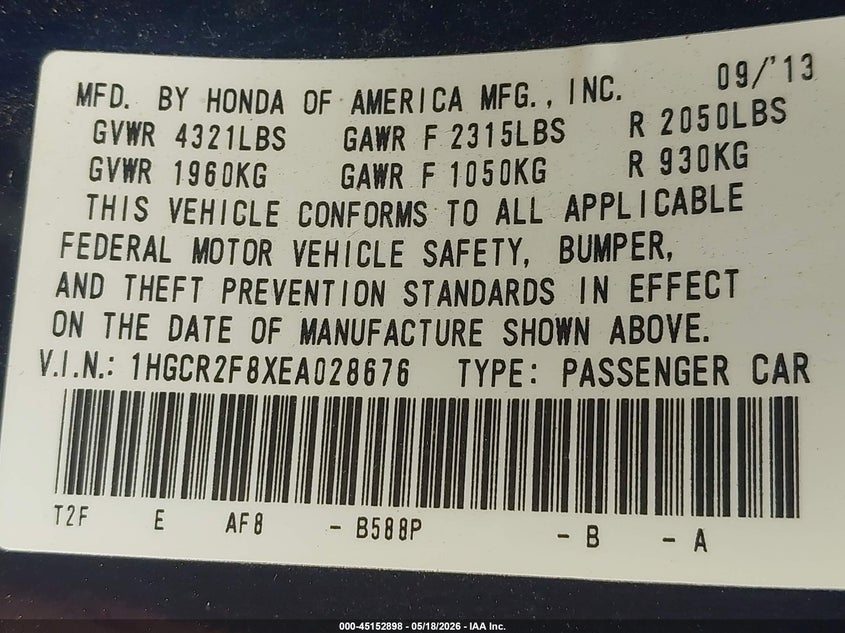 2014 Honda Accord VIN 1HGCR2F8XEA028676 IAAI salvage auction — SIDE, Wait Title, sold $1,300 on 2026-08-07 (photo 9)