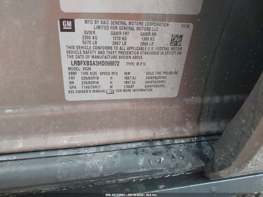 2017 Buick Envision VIN LRBFXBSA3HD098872 IAAI salvage auction — HAIL, Clear (Missouri), sold $4,250 on 2026-07-06 (photo 9)