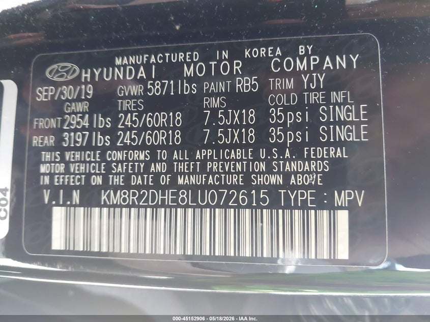 2020 Hyundai Palisade VIN KM8R2DHE8LU072615 IAAI salvage auction — REAR END, Salvage (Massachusetts), sold $5,975 on 2026-07-31 (photo 9)