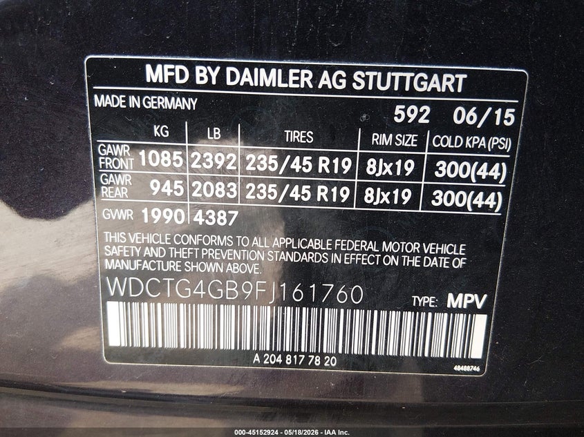 2015 Mercedes-benz Gla-klasse VIN WDCTG4GB9FJ161760 IAAI salvage auction — WATER/FLOOD, Salvage (Kansas), sold $3,450 on 2026-07-17 (photo 9)