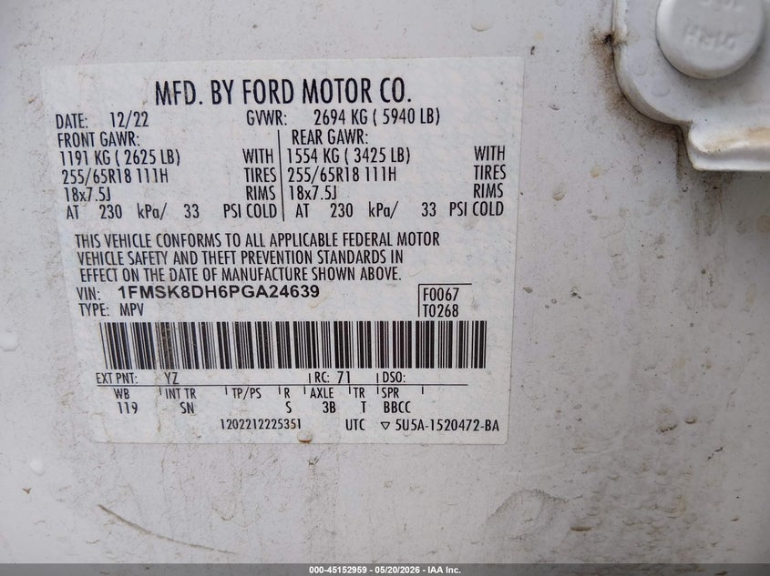 2023 Ford Explorer VIN 1FMSK8DH6PGA24639 IAAI salvage auction — RIGHT FRONT, Salvage Title, sold $9,100 on 2026-08-22 (photo 9)