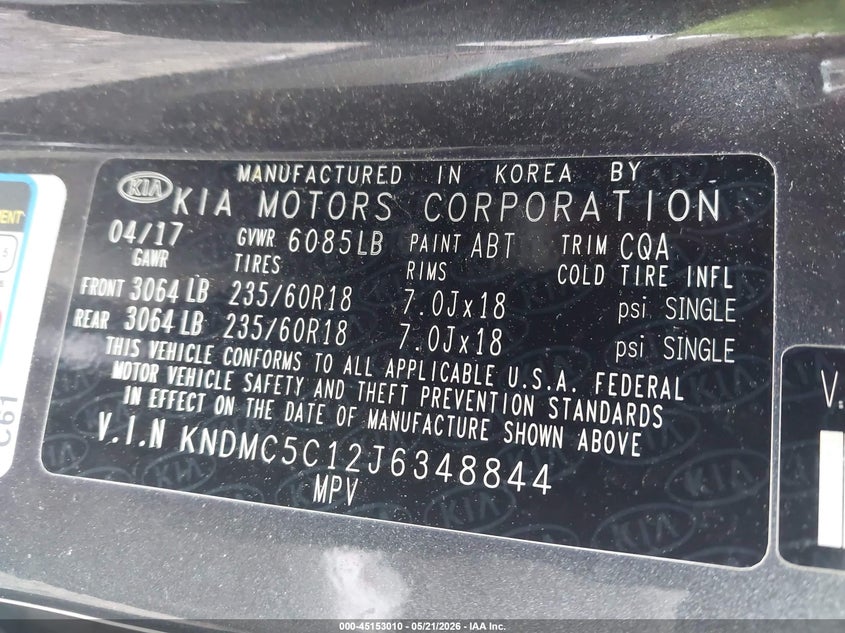 2018 Kia SEDONA VIN KNDMC5C12J6348844 IAAI salvage auction — FRONT END, Salvage (Idaho), sold $1,650 on 2026-07-28 (photo 9)