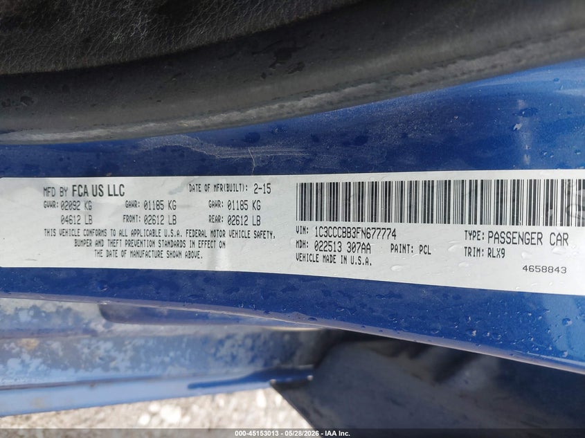 2015 Chrysler 200 VIN 1C3CCCBB3FN677774 IAAI salvage auction — HAIL, Clear (Missouri), sold $1,300 on 2026-09-14 (photo 9)