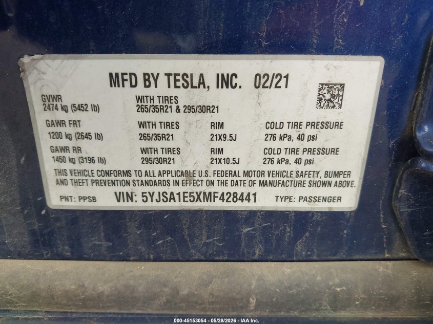 2021 Tesla Model s VIN 5YJSA1E5XMF428441 IAAI salvage auction — MECHANICAL, Salvage Title, sold $20,100 on 2026-07-14 (photo 9)