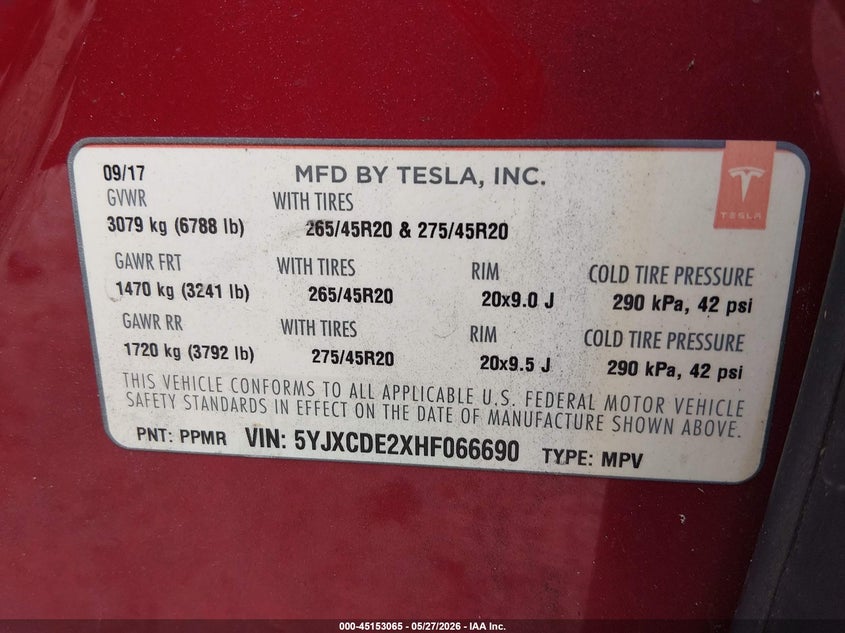 2017 Tesla Model x VIN 5YJXCDE2XHF066690 IAAI salvage auction — ELECTRICAL, Salvage Title, sold $25 on 2026-07-16 (photo 9)