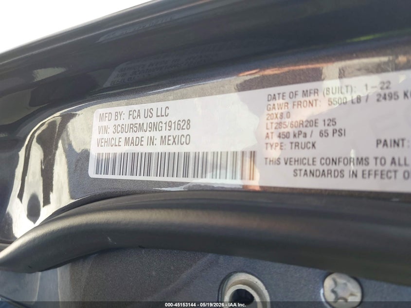 2022 Ram 2500 VIN 3C6UR5MJ9NG191628 IAAI salvage auction — FRONT END, Salvage (California), sold $10,600 on 2026-07-10 (photo 9)