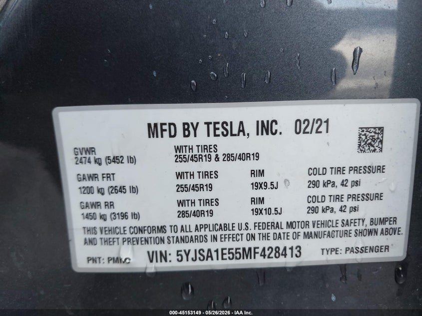 2021 Tesla Model s VIN 5YJSA1E55MF428413 IAAI salvage auction — FRONT END, Clear (Florida), sold $5,600 on 2026-07-13 (photo 9)