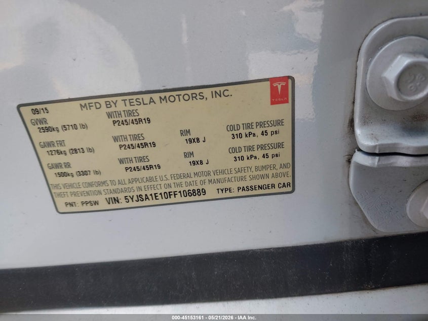 2015 Tesla Model s VIN 5YJSA1E10FF106889 IAAI salvage auction — FRONT END, Clear (Montana), sold $2,550 on 2026-07-20 (photo 9)
