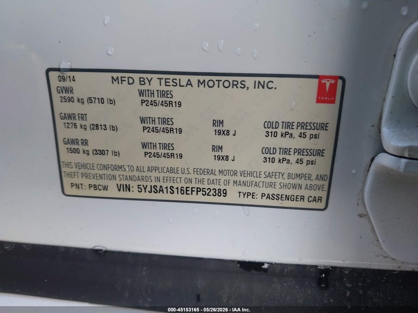 2014 Tesla Model s VIN 5YJSA1S16EFP52389 IAAI salvage auction — NORMAL WEAR, Clear (Montana), sold $725 on 2026-07-29 (photo 9)