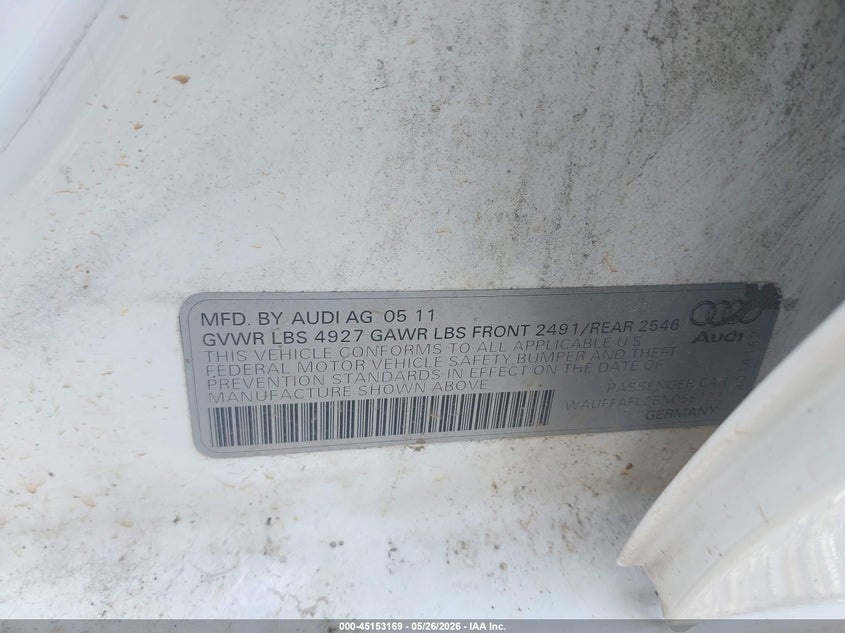 2011 Audi A4 VIN WAUFFAFL2BN056122 IAAI salvage auction — RIGHT FRONT, Salvage (Georgia), sold $300 on 2026-07-14 (photo 9)