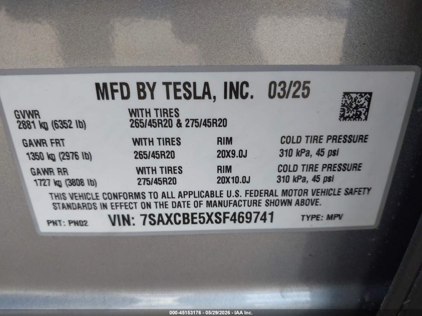 2025 Tesla Model x VIN 7SAXCBE5XSF469741 IAAI salvage auction — REAR END, Salvage Title, sold $42,350 on 2026-07-15 (photo 9)