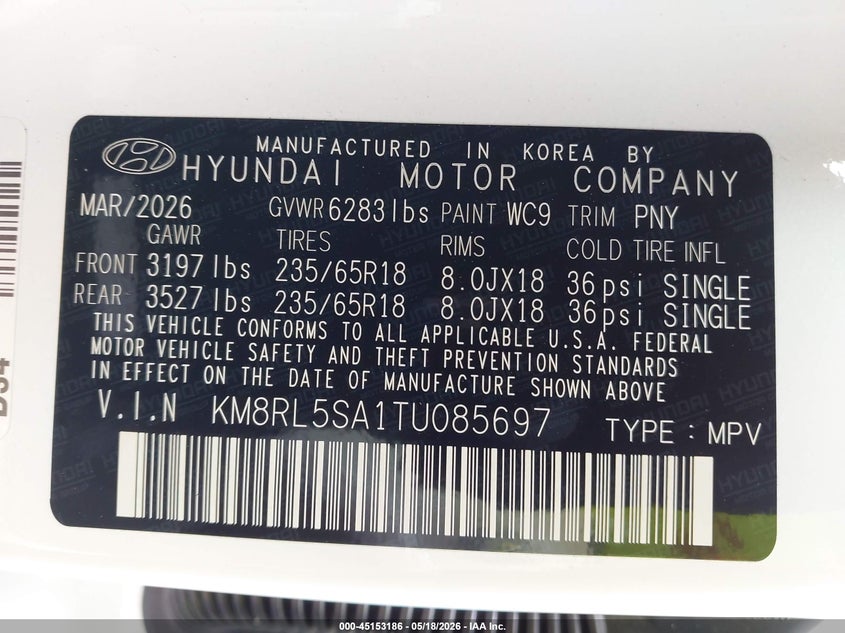 2026 Hyundai Palisade VIN KM8RL5SA1TU085697 IAAI salvage auction — REAR END, Salvage (Texas), sold $10,475 on 2026-07-18 (photo 9)