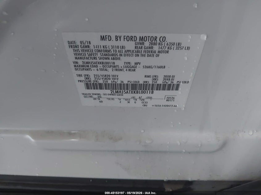 2019 Lincoln Mkt VIN 2LMHJ5ATXKBL00118 IAAI salvage auction — HAIL, Original (Texas), sold $3,850 on 2026-07-10 (photo 9)