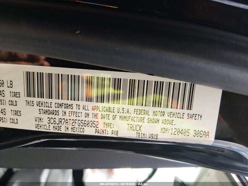 2015 Ram 1500 VIN 3C6JR7AT2FG560352 IAAI salvage auction — BIO HAZARD, Salvage Title, sold $1,350 on 2026-08-20 (photo 9)