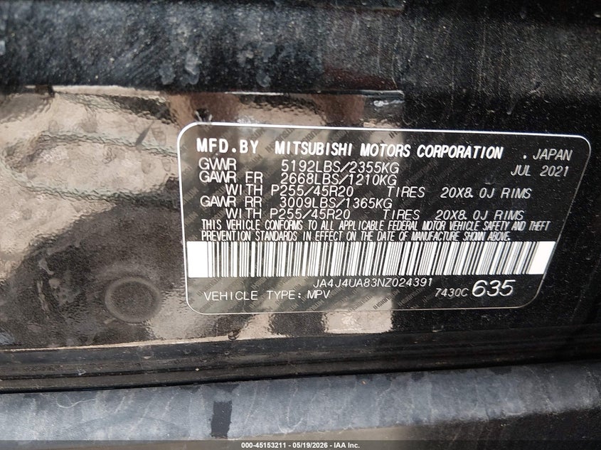 2022 Mitsubishi Outlander VIN JA4J4UA83NZ024391 IAAI salvage auction — FRONT END, Salvage (Ohio), sold $25 on 2026-07-29 (photo 9)