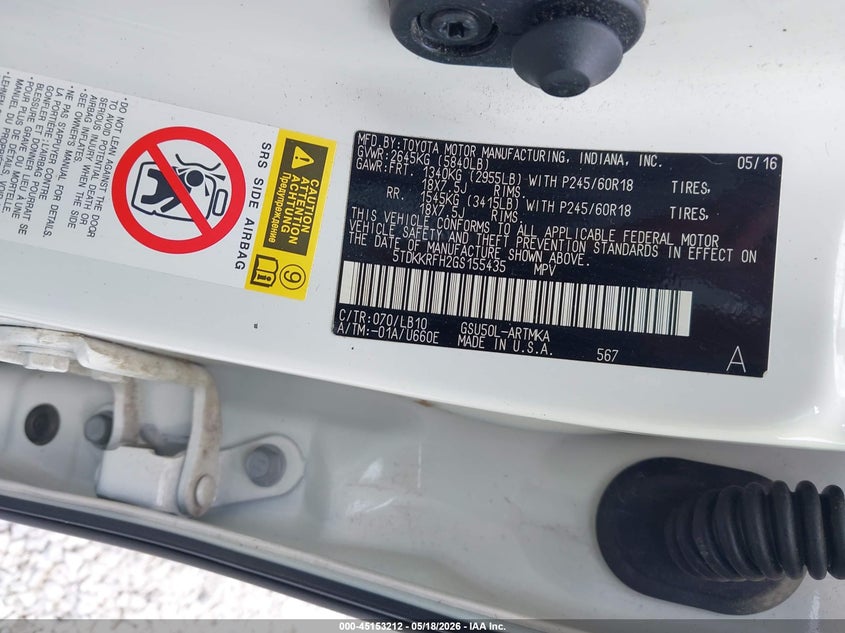 2016 Toyota Highlander VIN 5TDKKRFH2GS155435 IAAI salvage auction — RIGHT REAR, Salvage (Kentucky), sold $7,500 on 2026-07-28 (photo 9)