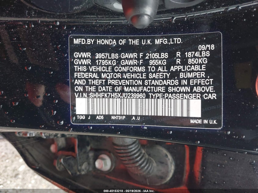 2018 Honda Civic VIN SHHFK7H5XJU239960 IAAI salvage auction — HAIL, Clear (Missouri), sold $7,300 on 2026-07-20 (photo 9)