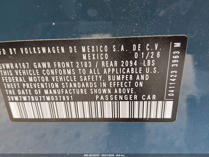 2026 Volkswagen Jetta VIN 3VW7W7BU7TM037891 IAAI salvage auction — FRONT END, Salvage Title, sold $8,500 on 2026-07-30 (photo 9)