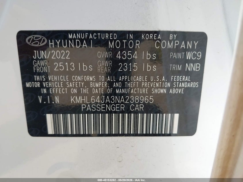 2022 Hyundai Sonata VIN KMHL64JA3NA238965 IAAI salvage auction — RIGHT SIDE, Salvage (Georgia), sold $4,950 on 2026-07-17 (photo 9)