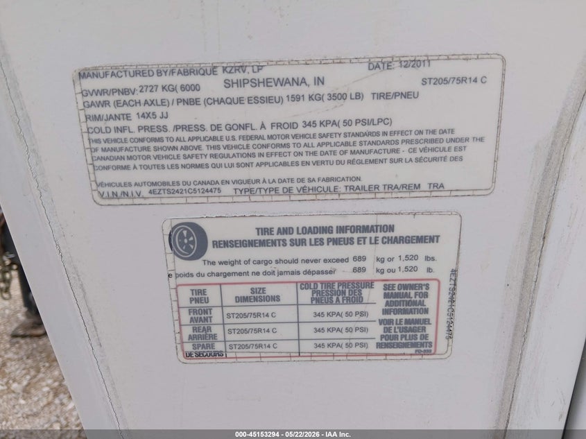 2012 K-z inc Travel trailer VIN 4EZTS2421C5124475 IAAI salvage auction — HAIL, Clear (Missouri), sold $4,000 on 2026-08-26 (photo 9)