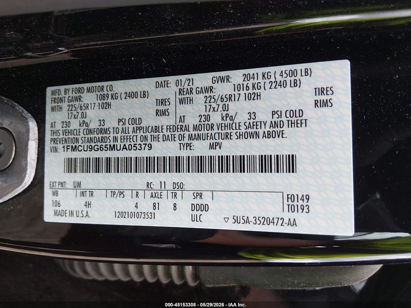 2021 Ford Escape VIN 1FMCU9G65MUA05379 IAAI salvage auction — WATER/FLOOD, Salvage Title, sold $4,250 on 2026-07-09 (photo 9)