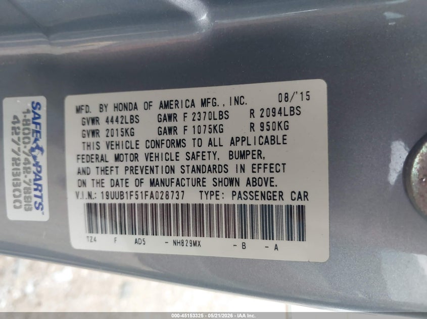 2015 Acura Tlx VIN 19UUB1F51FA028737 IAAI salvage auction — LEFT SIDE, Salvage (Texas), sold $2,150 on 2026-07-09 (photo 9)