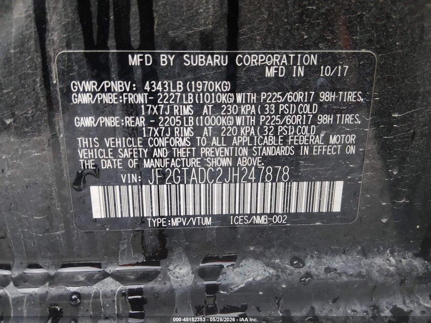 2018 Subaru Xv VIN JF2GTADC2JH247878 IAAI salvage auction — HAIL, Salvage Title, sold $6,400 on 2026-07-13 (photo 9)