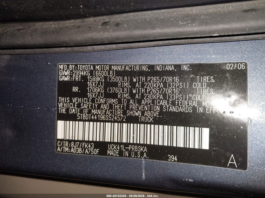 2006 Toyota Tundra VIN 5TBDT44196S524572 IAAI salvage auction — FRONT END, Salvage (Maine), sold $375 on 2026-07-20 (photo 9)