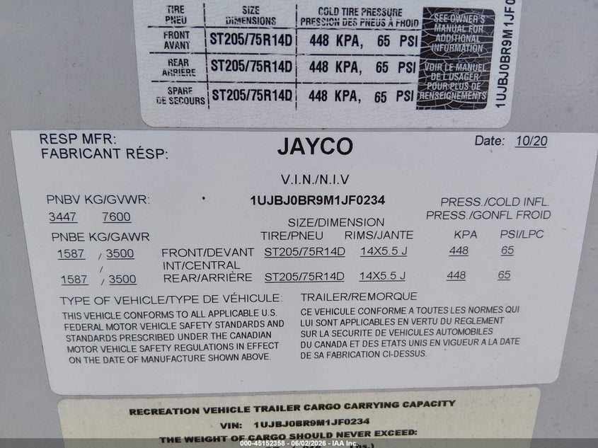 2021 Jayco Other VIN 1UJBJ0BR9M1JF0234 IAAI salvage auction — SIDE, Salvage (Texas), sold $5,950 on 2026-07-07 (photo 9)