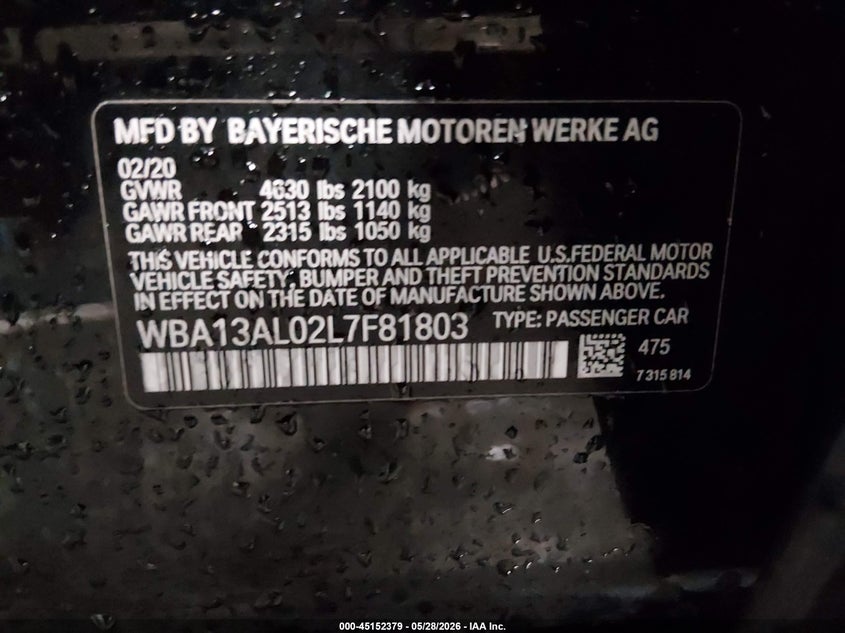 2020 BMW 2er VIN WBA13AL02L7F81803 IAAI salvage auction — HAIL, Salvage Title, sold $9,400 on 2026-07-17 (photo 9)