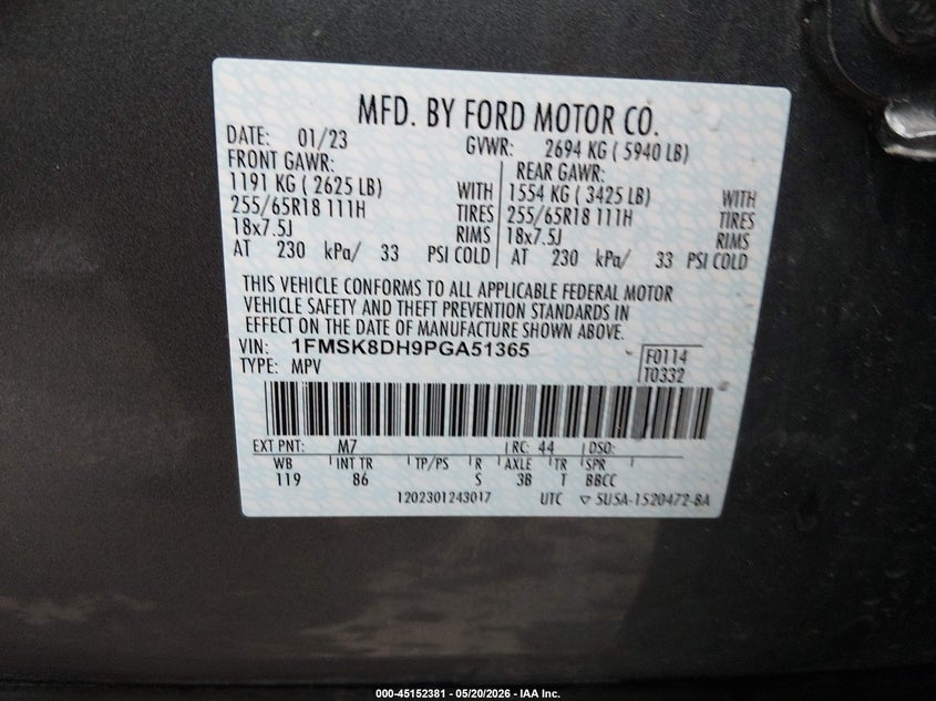 2023 Ford Explorer VIN 1FMSK8DH9PGA51365 IAAI salvage auction — FRONT END, Salvage (Ohio), sold $6,600 on 2026-07-19 (photo 9)