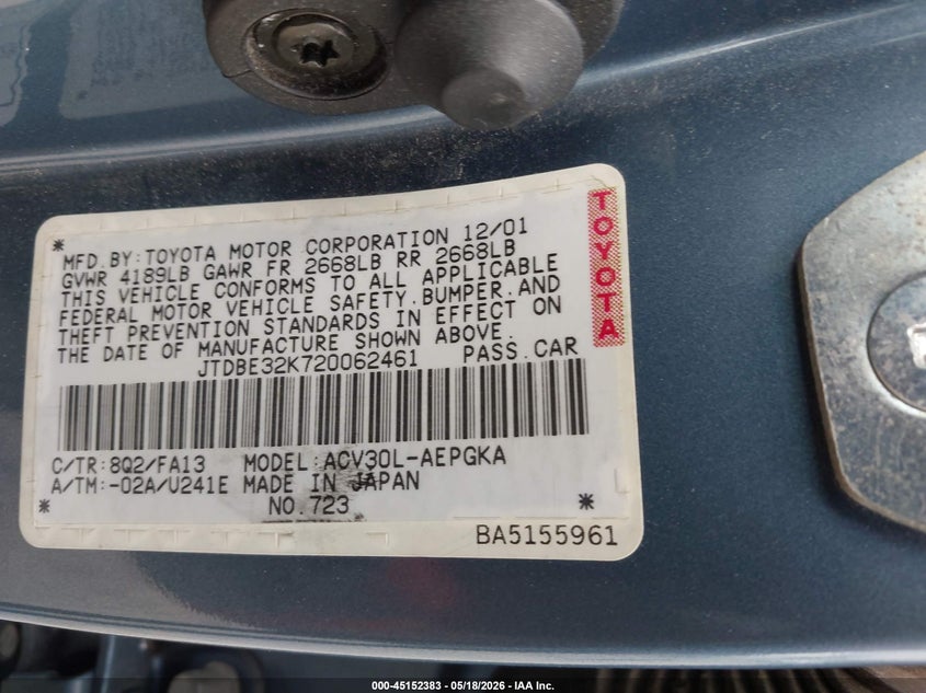 2002 Toyota Camry VIN JTDBE32K720062461 IAAI salvage auction — FRONT END, Salvage (Ohio), sold $700 on 2026-07-07 (photo 9)