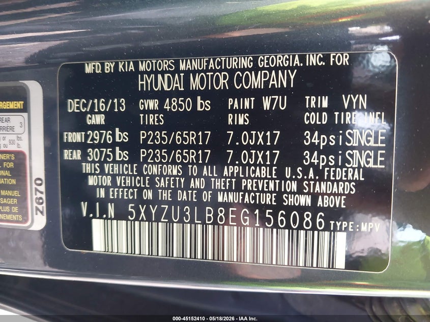 2014 Hyundai Santa fe VIN 5XYZU3LB8EG156086 IAAI salvage auction — HAIL, Clear (Wisconsin), sold $1,600 on 2026-07-29 (photo 9)