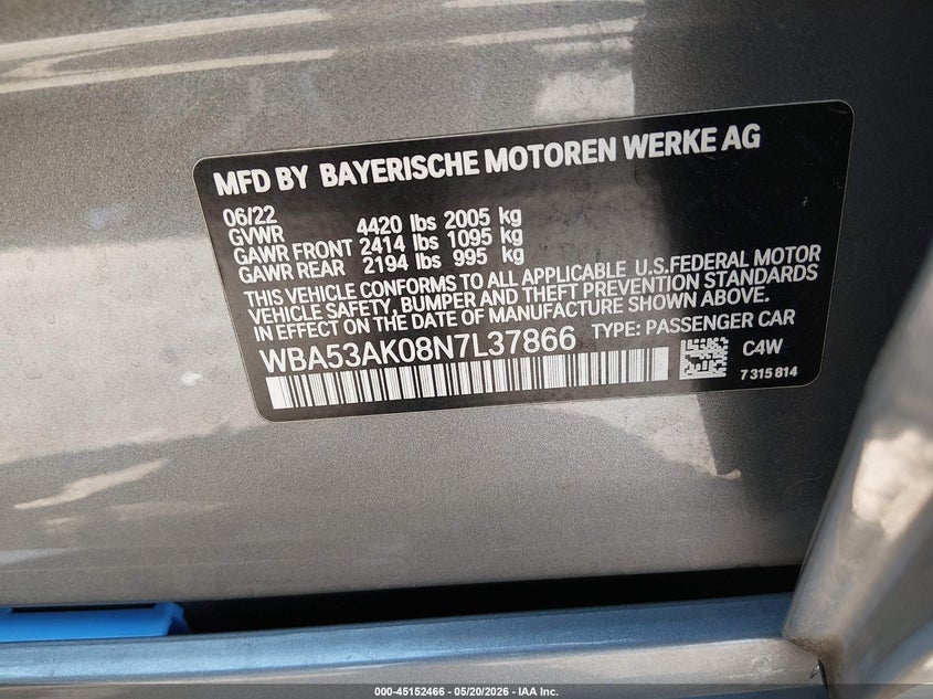 2022 BMW 2er VIN WBA53AK08N7L37866 IAAI salvage auction — FRONT END, Salvage (North Carolina), sold $5,150 on 2026-07-13 (photo 9)