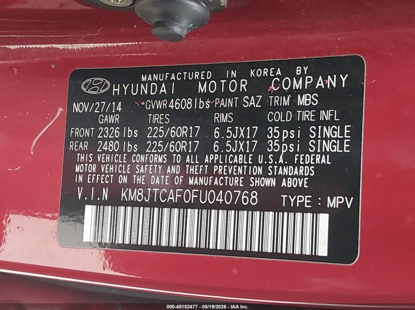 2015 Hyundai Tucson VIN KM8JTCAF0FU040768 IAAI salvage auction — NORMAL WEAR, Clear-Dealer Only (Montana), sold $1,000 on 2026-07-29 (photo 9)