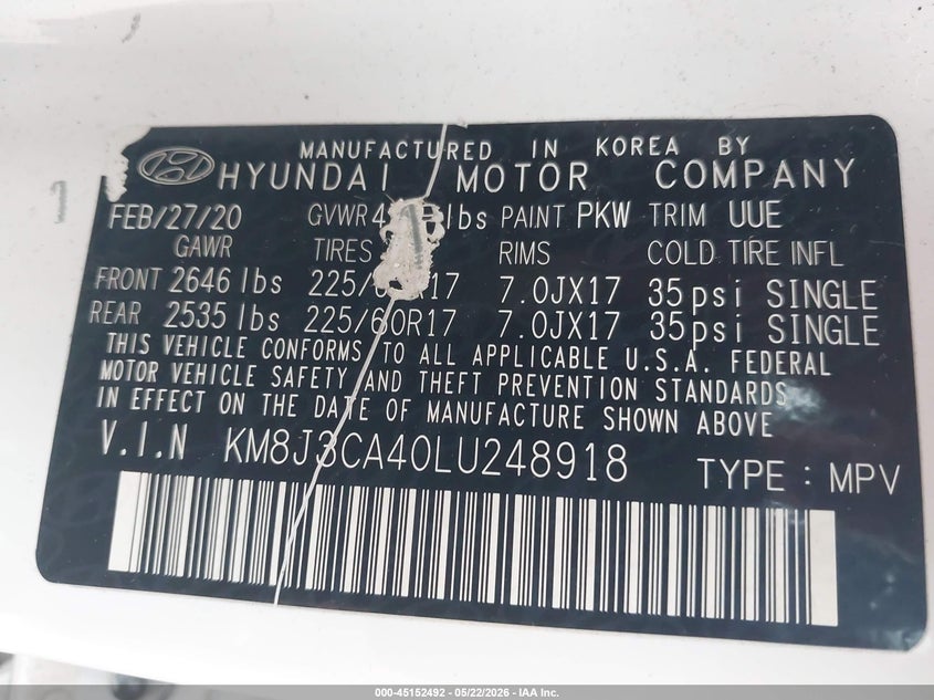 2020 Hyundai Tucson VIN KM8J3CA40LU248918 IAAI salvage auction — HAIL, Salvage (Iowa), sold $2,600 on 2026-07-27 (photo 9)
