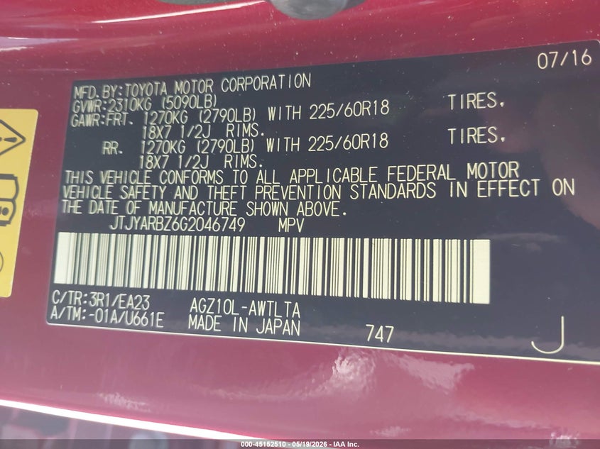 2016 Lexus Nx VIN JTJYARBZ6G2046749 IAAI salvage auction — FRONT END, Original (Texas), sold $4,450 on 2026-07-27 (photo 9)