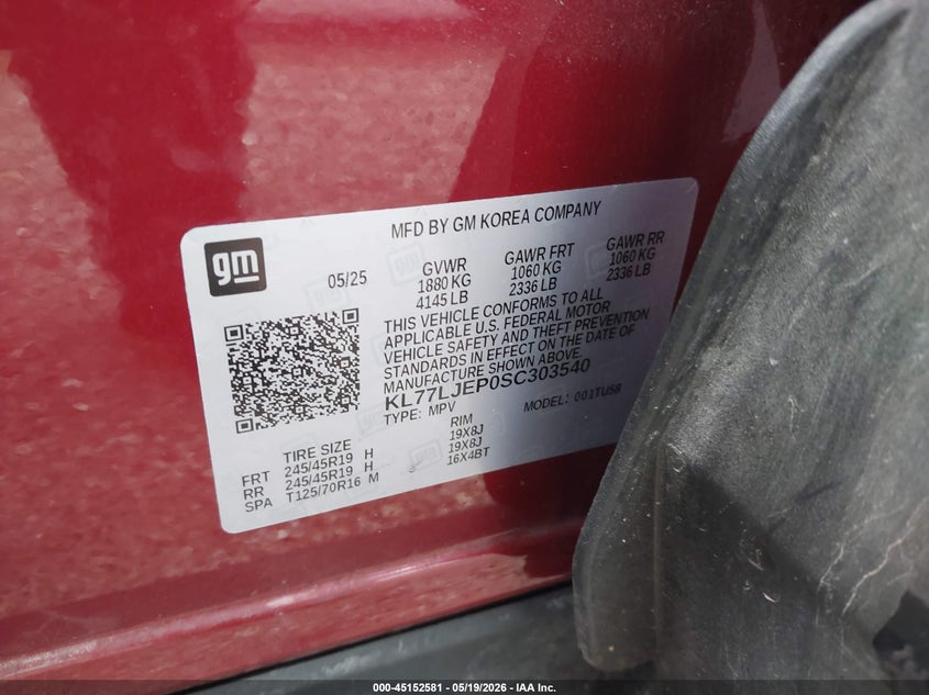 2025 Chevrolet Trax VIN KL77LJEP0SC303540 IAAI salvage auction — HAIL, Clear (Missouri), sold $10,350 on 2026-07-13 (photo 9)