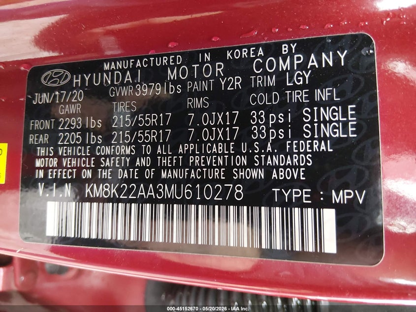 2021 Hyundai Kona VIN KM8K22AA3MU610278 IAAI salvage auction — FRONT END, Salvage (Oklahoma), sold $525 on 2026-07-28 (photo 9)