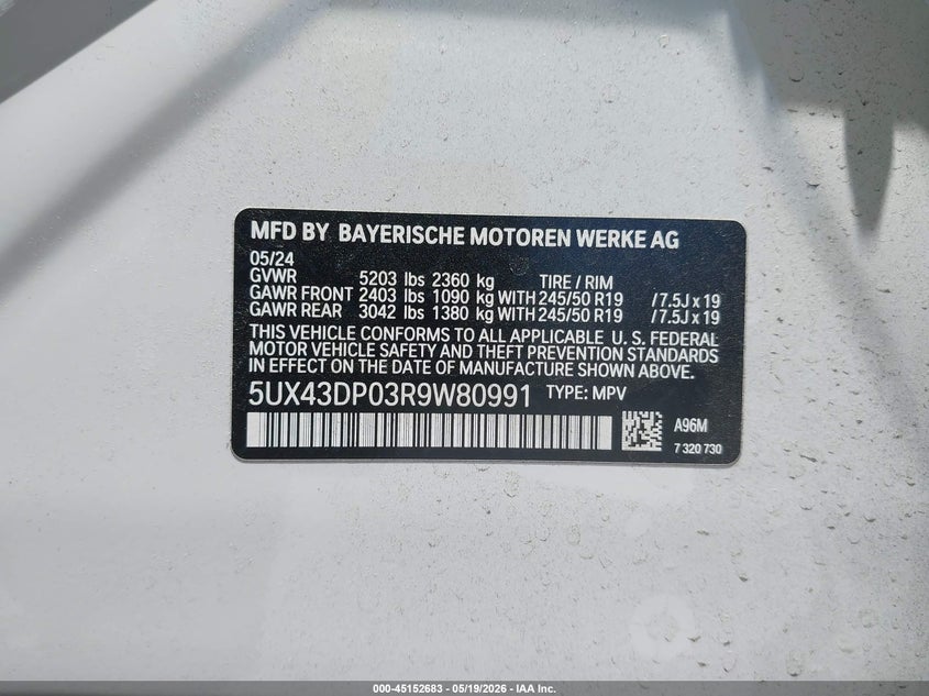2024 BMW X3 VIN 5UX43DP03R9W80991 IAAI salvage auction — REAR END, Salvage Title, sold $15,100 on 2026-07-12 (photo 9)