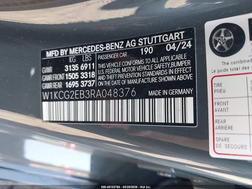 2024 Mercedes-benz VIN W1KCG2EB3RA048376 IAAI salvage auction — FRONT END, Mv-907A (New York), sold $20,850 on 2026-07-16 (photo 9)