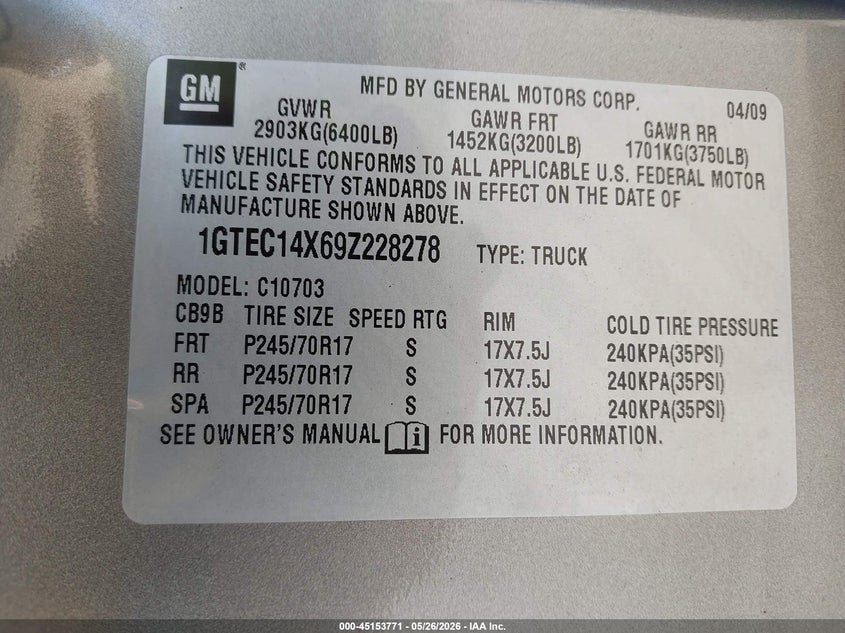 2009 Gmc Sierra 1500 VIN 1GTEC14X69Z228278 IAAI salvage auction — NORMAL WEAR, Clear (Montana), sold $2,125 on 2026-07-09 (photo 9)